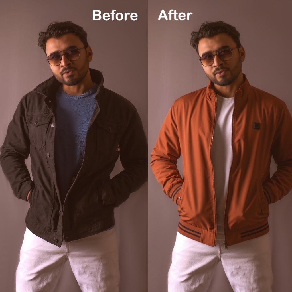 AI virtual try-on demo: before and after comparison showing outfit change