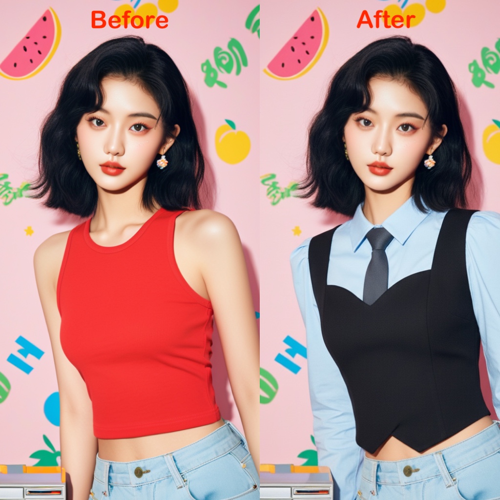 AI virtual try-on demo: before and after comparison showing outfit change